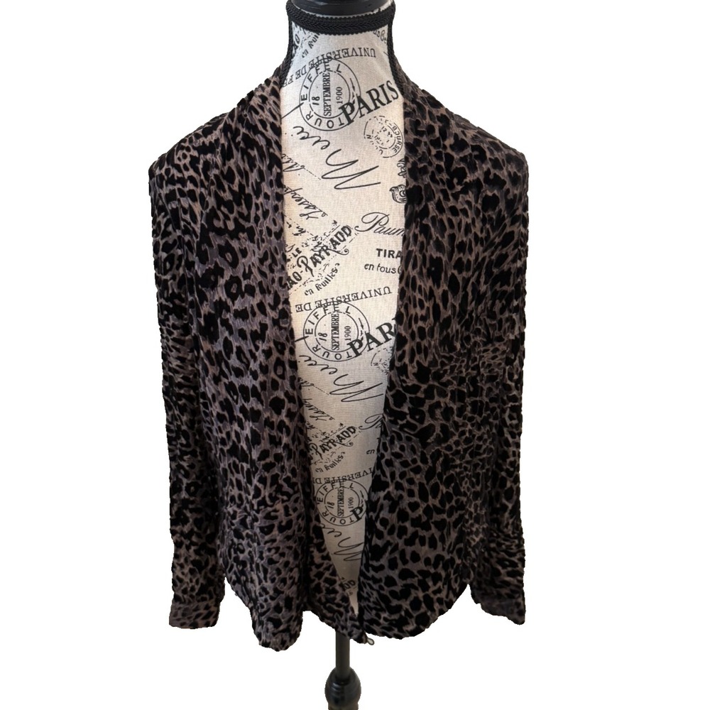 L'Agence Animal Print Silk Blend Sheer Evening Jacket Open Front; Black/Brown XS